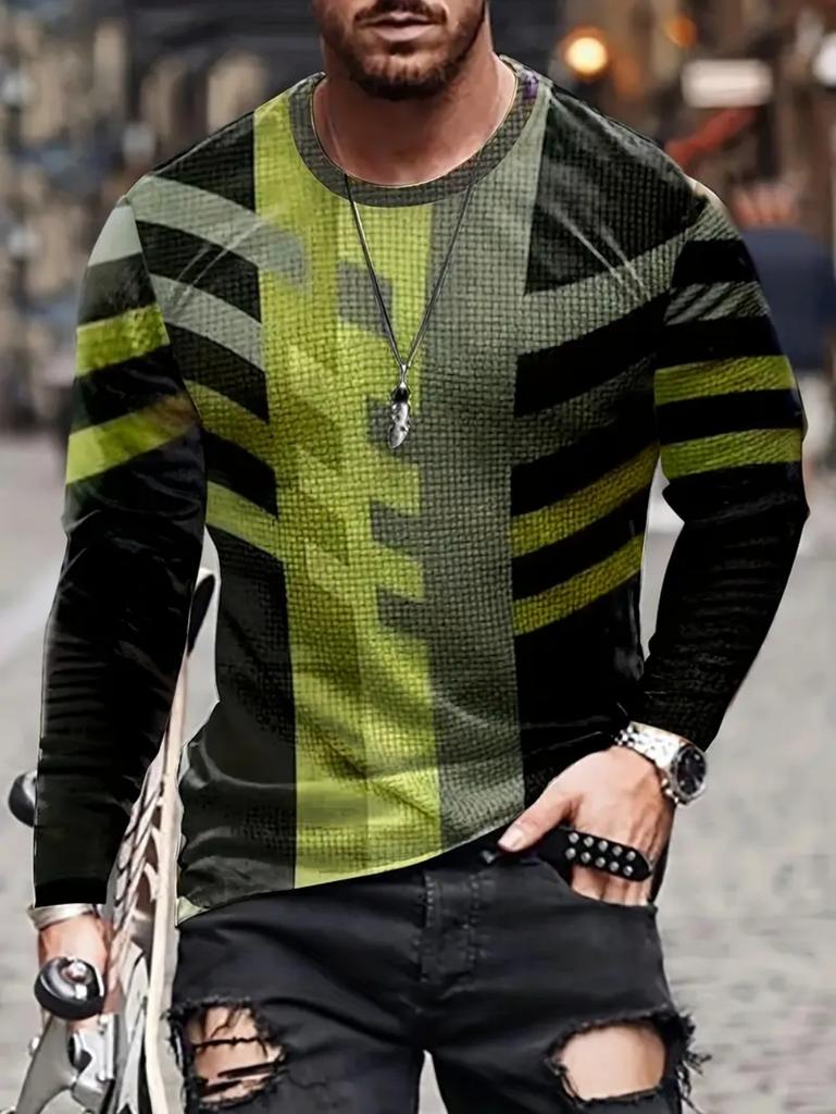 Vintage T-Shirt for Men Irregular Plaid Graphic T Shirts Round Neck Long Sleeve Tee Oversized Man Clothing Top Creative Clothing