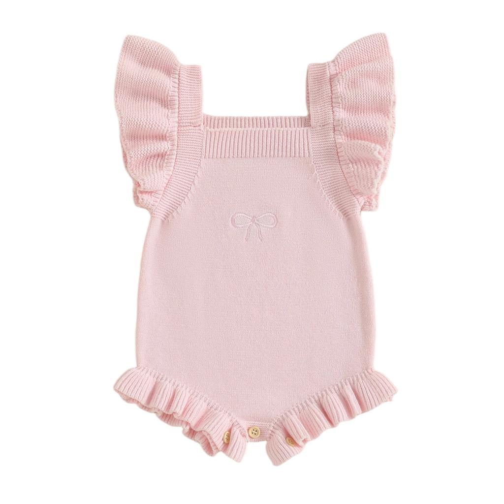 Baby Girls Ruffle Knit Romper Fashionable Bow Embroidery Flying Sleeve Jumpsuits