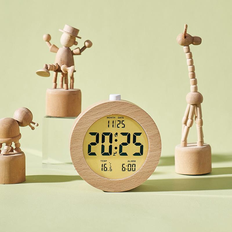 Nordic style solid wood alarm clock simple wood clock multifunction LCD electronic clock handmade clock 2106