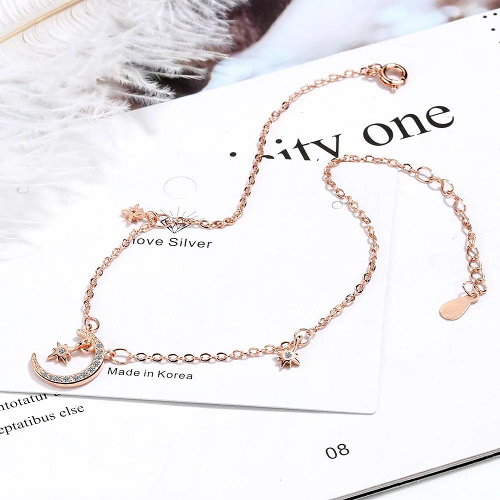 Ins Simple Design  Sterling Silver Star Moon Anklets Bracelet for Women  Star Tassel CZ Zircon Chian Fashion