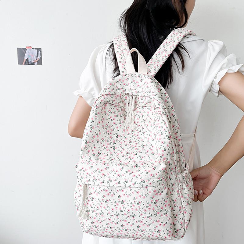 Student School Backpack Floral White School Bags For Teenage Girls Cute Women'S Backpack Book Bag Nylon Rucksack