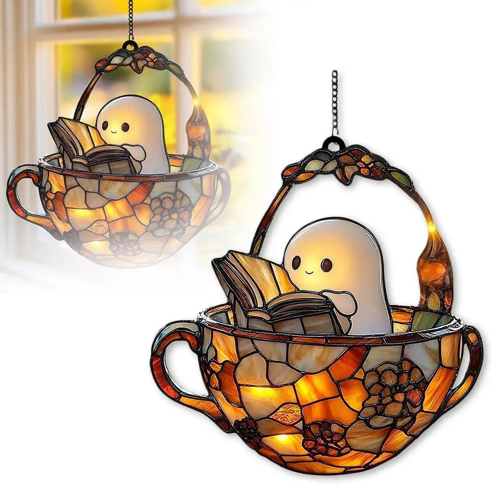 Acrylic Ghost Reading Book Suncatcher Halloween Hanging Decor Window Hanging Ornament Colorful Shadow Home Decorations