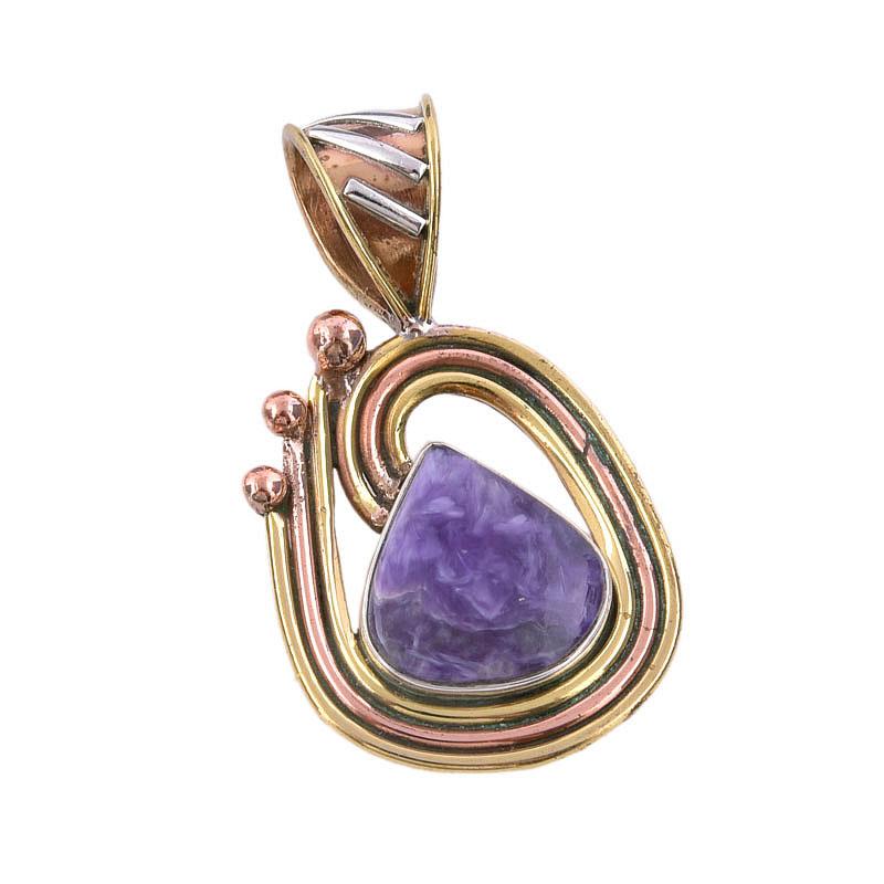 Natural Charoite Gemstone 925 Solid Sterling Silver Two Tone Pendant 1.50" A7g47