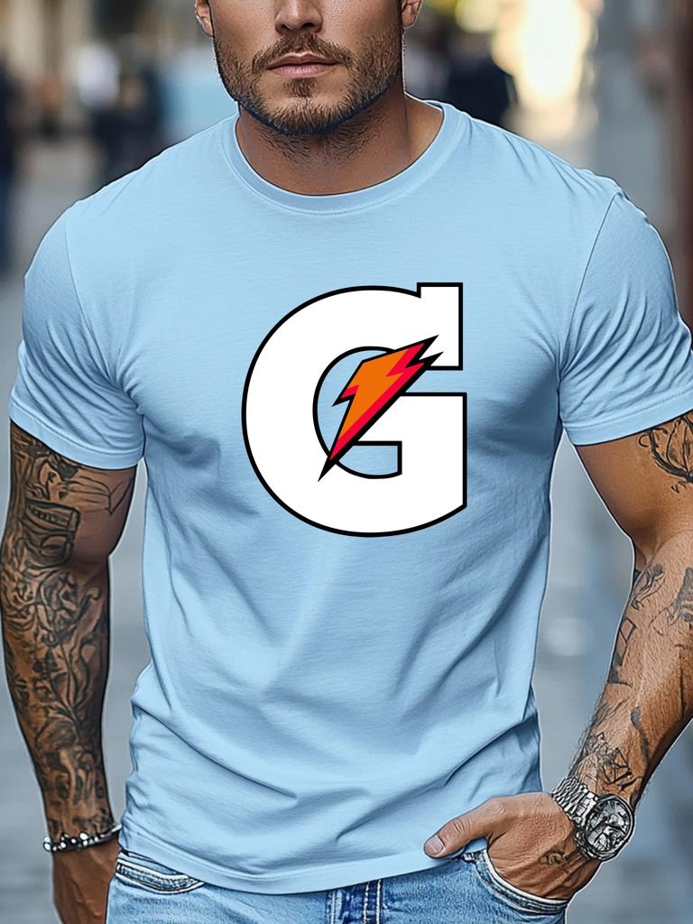 Mens Summer Sport TShirt Letter G Lightning Print Short Sleeve Round Neck Breathable Oversized Dynamic Daily Wear