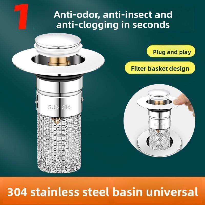 Washbasin Leakage Plug, Bouncing Core, Washbasin Sink Drain, Hair Filter, Anti-odor, Universal Press Type