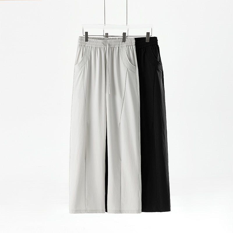 Men's Casual Drawstring Knit Straight-Leg Sweatpants, Hong Kong Style - Loose, Wide-Leg, Floor-Length for Spring and Autumn