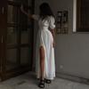 European American INS Style Women's Long Dress, Design Puff Sleeve, Slim Fit Bodycon, Split Hem Elegant Party Dress