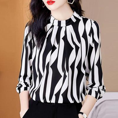 Women Blouses Shirts 2025 Spring Long Sleeve Women Blouse Shirt O-Neck Black Striped Chiffon Blouse Shirt Women Tops J853