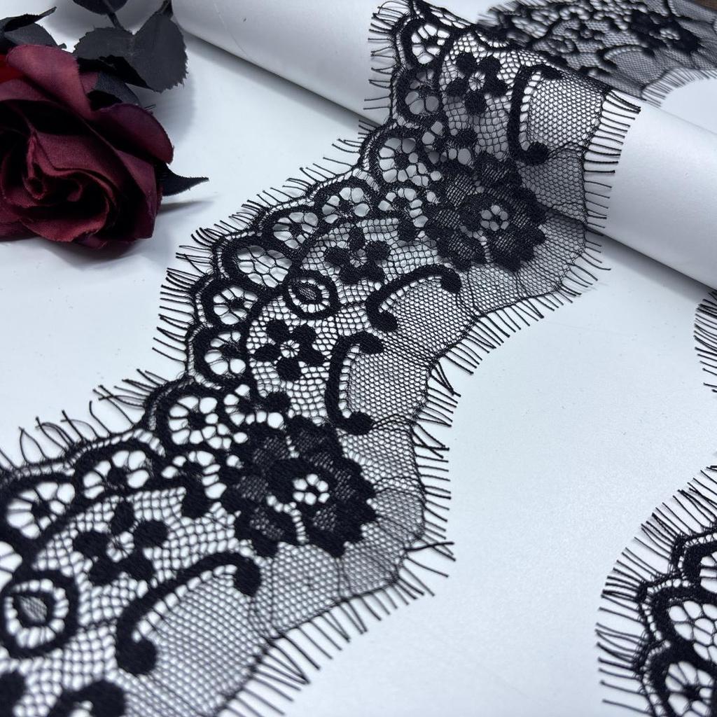 3m x 8cm Black French Chantilly Lace, Non-stretch Narrow Eyelash Lace Trim Fabric for Sewing, Bra, Underwear, Lingerie, Dress, Garment, Crafting