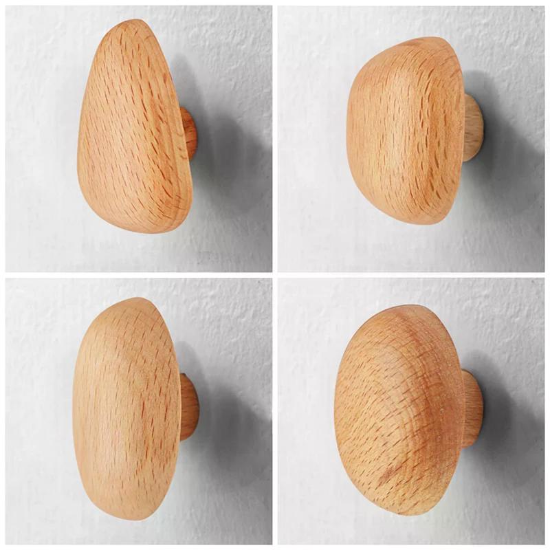 Solid Wood Handle Clothes Hook Coat Hook Wall-mounted Hook Punch-free Door Clothes Hanger Pebble Shape Cabinet Door