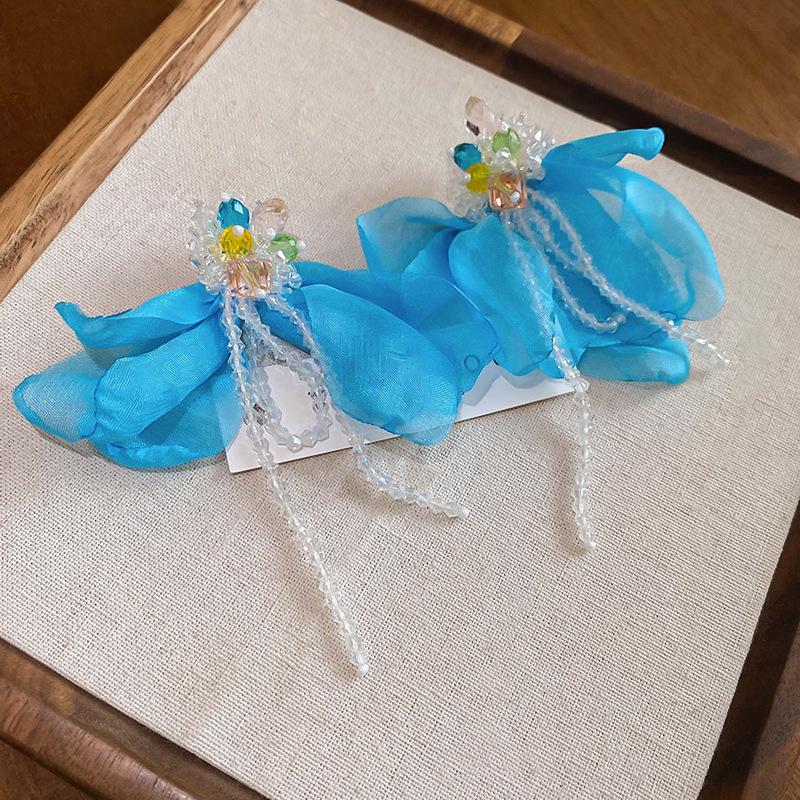 Silver Needle Fabric Flower Glass Fringed Earrings Medium Antique Temperament Stud Earrings Design Sense Niche Earrings