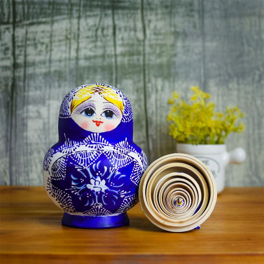 Russian Nesting Dolls 10 Pieces Hand Painted Toy Blue and White Porcelain Theme Traditional Russian Stacking Dolls