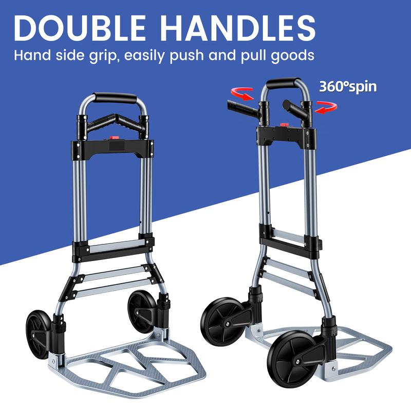 Folding Aluminum Hand Truck Dolly Cart 150KG Capacity Heavy Duty Two-Wheeled TPR Wheels Industrial Cargo Handling Storage