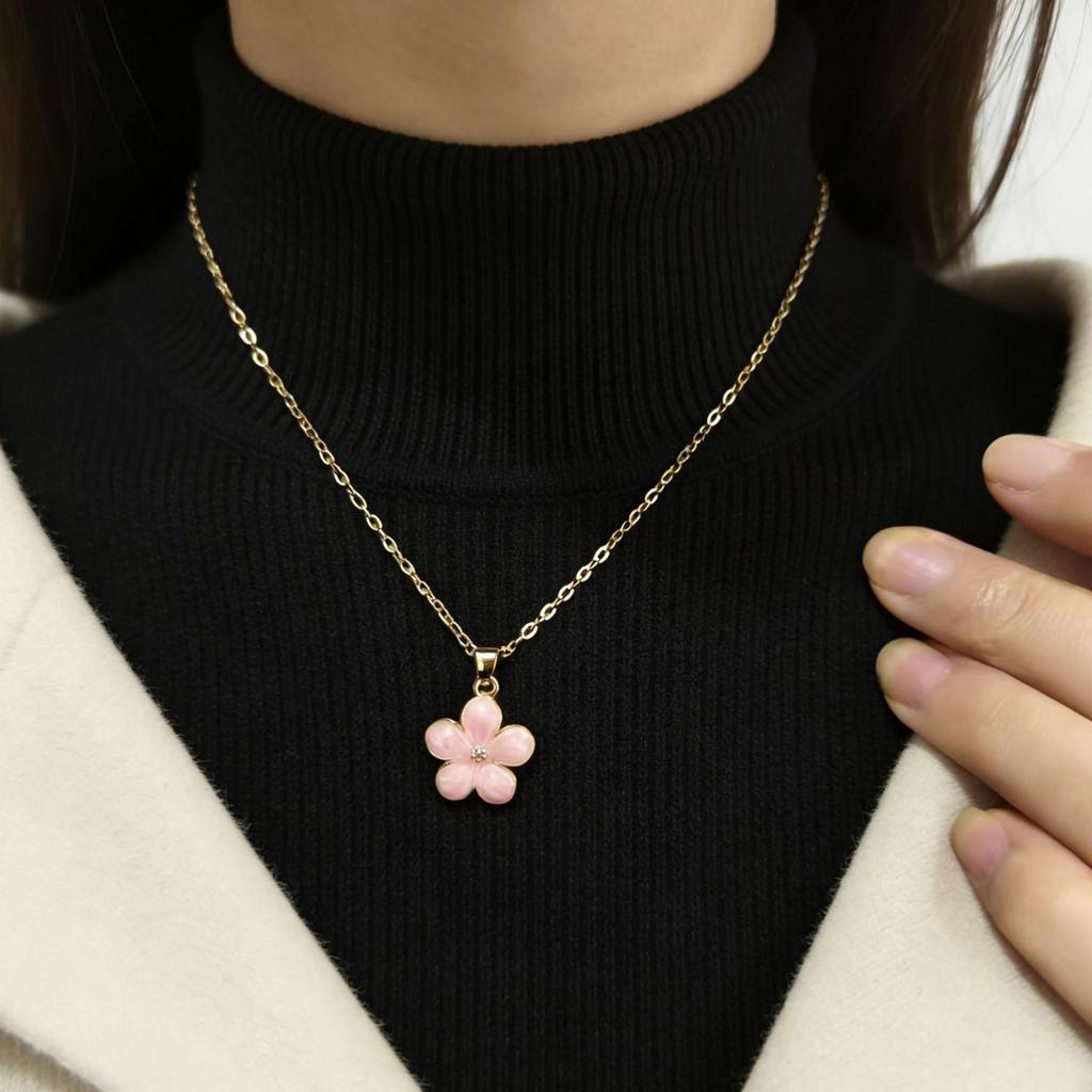 Hyuna-Style Sakura Enamel Alloy Pendant Necklace
