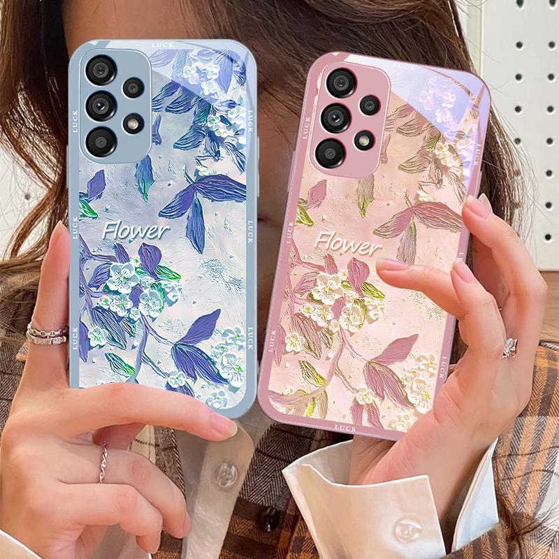 Oil Painting Flowers For Samsung Galaxy S10 4G S20 11E 30 S21 21Fe 22 S24 Pro S23 Ultra 5G S8 S9 Tempered Glass Phone Case
