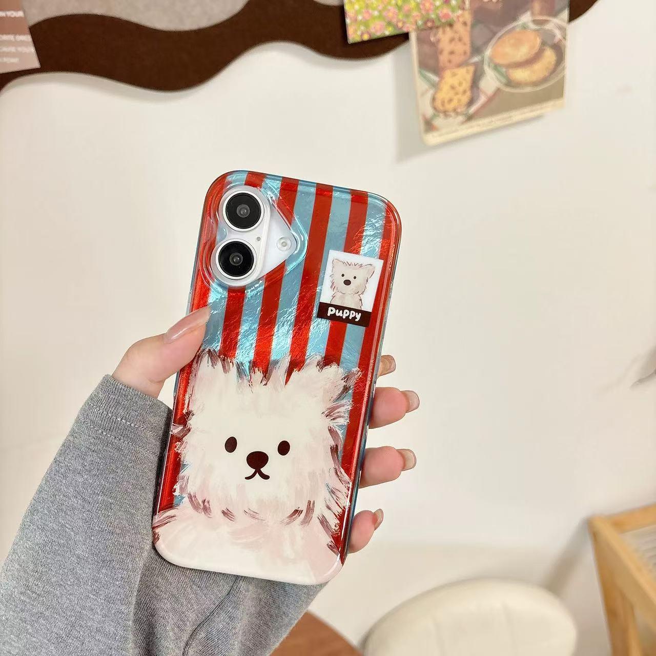 

Colorful Striped Puppy Phone Case for iPhone 14/15/16 Pro Max - Cute and Trendy Design iPhone 16 Pro