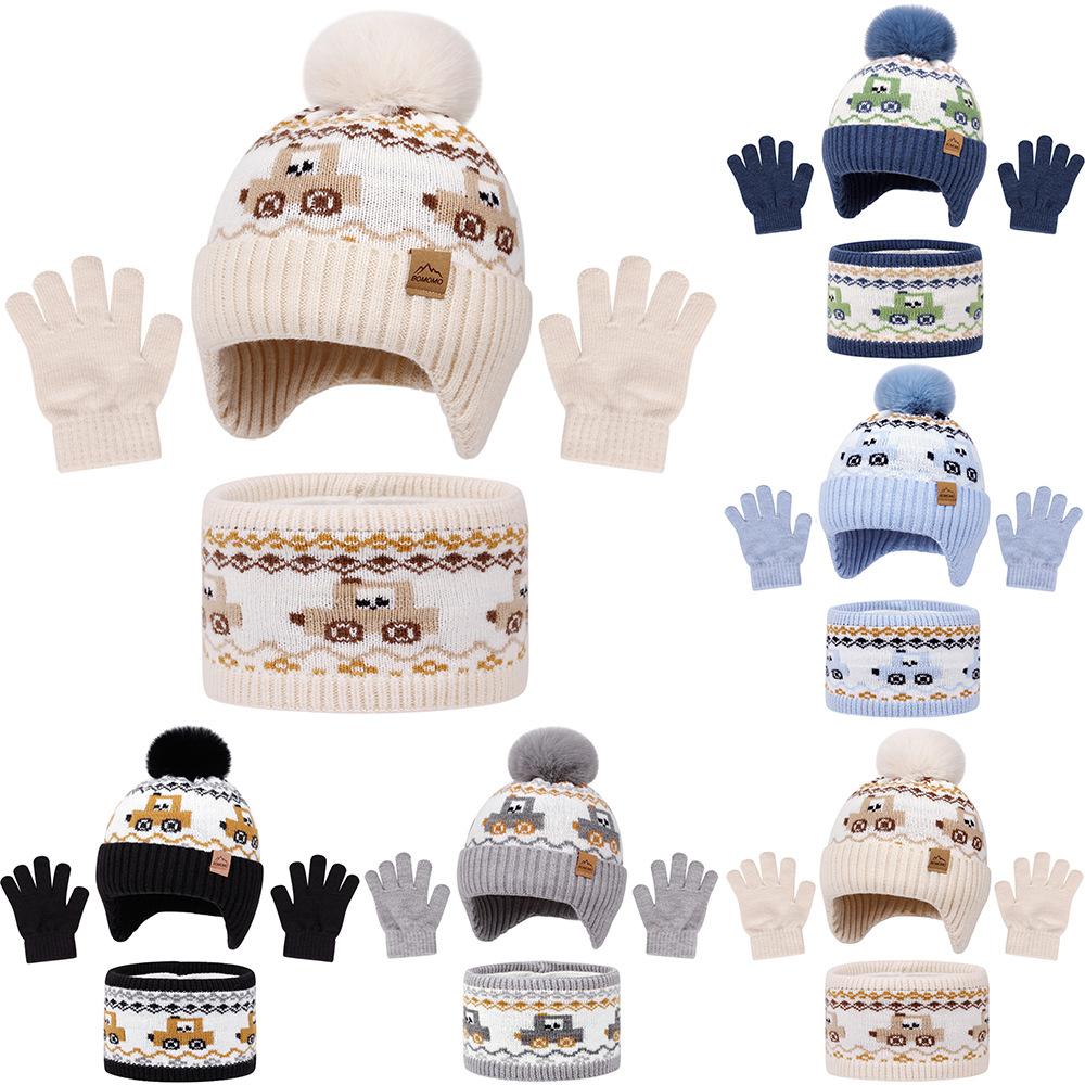 Dziecięcy Zimowy Ciepły Dzianinowy Zestaw Czapka z Pomponem Szalik Rękawiczki Zestaw 3 Szt. Lub Pojedyncza Czapka Beanie Wiatroodporna Ochrona Uszu Dla Chłopców Dziewczynek Zimna Pogoda Na Zewnątrz