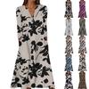 Women's Summer Casual V-Neck Button Vintage Floral Print Three-quarter Sleeve Long Dress With Pockets