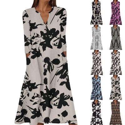 Women's Summer Casual V-Neck Button Vintage Floral Print Three-quarter Sleeve Long Dress With Pockets