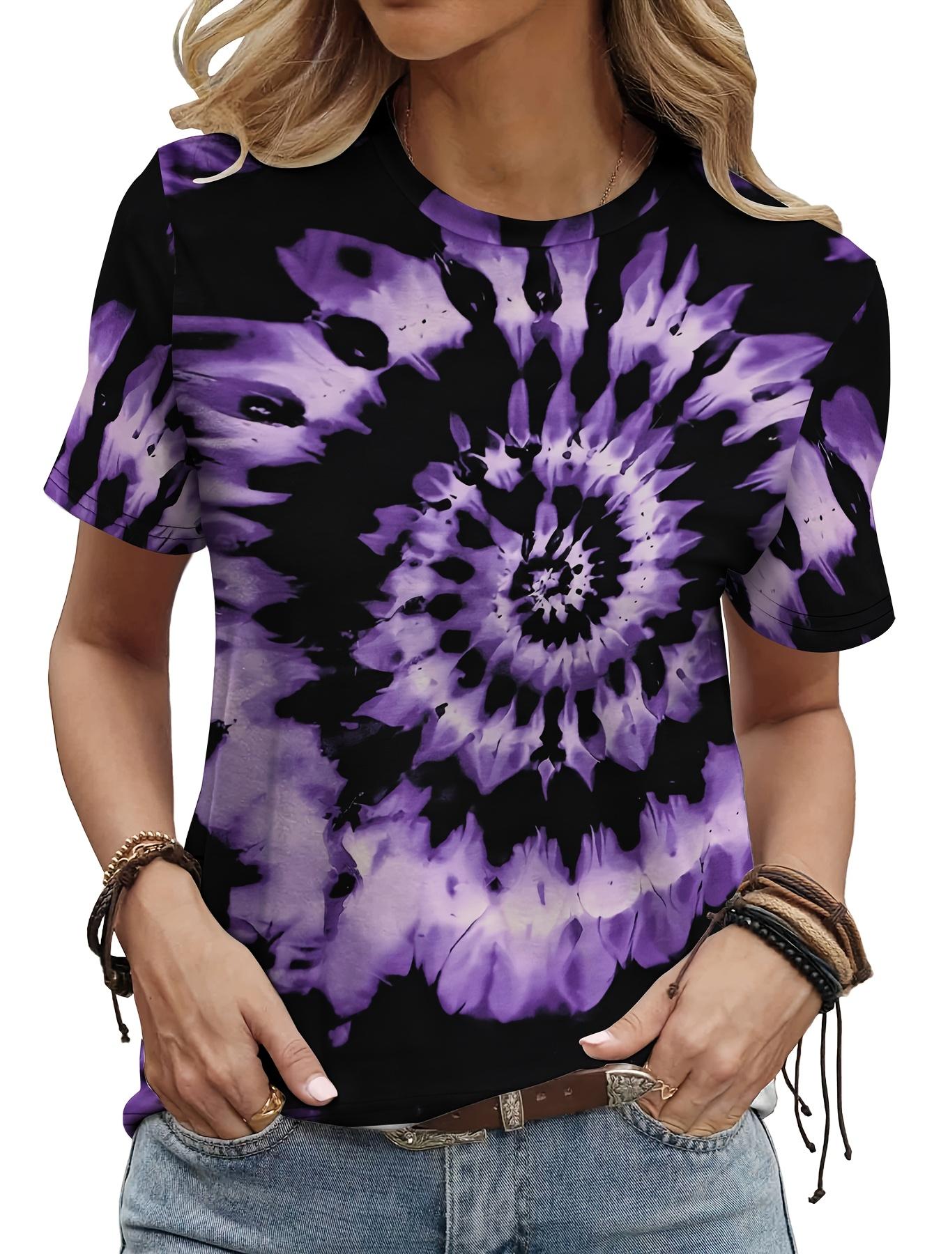 

Women s round neck short-sleeved T-shirt, all-over printing, black background gradient purple tie-dye pattern, XXS