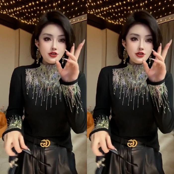 

Женская осенне-зимняя футболка с полувысоким воротником и длинным рукавом с деталями из горячих страз M