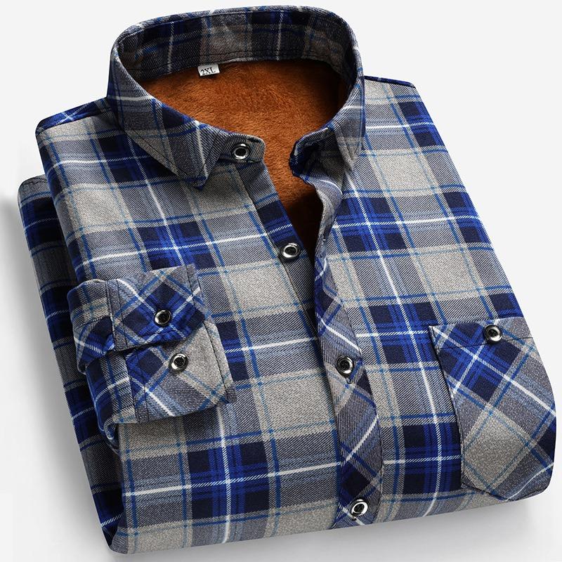 Men Fleece Lined Thick Warm Plaid Long Sleeve Stand Collar Casual Business Shirt