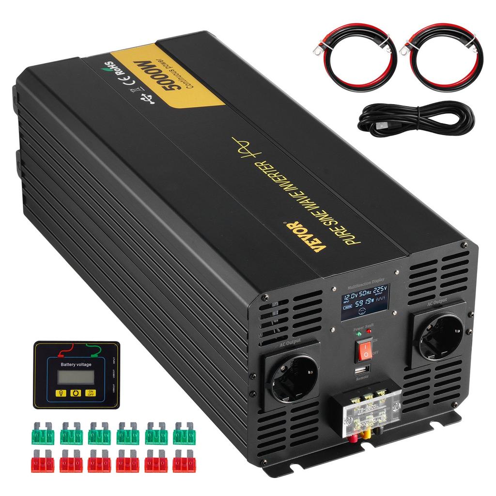 VEVOR Pure Sine Wave Inverter, 5000 Watt, Power Inverter, DC 12V To AC 230V Car Inverter with LCD Display USB Port and Remote Controller