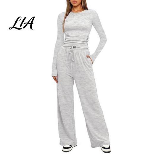 Breathable Matching Sets Women Top Pants Set for Spring Fall, Slim Fit Crewneck Sweatshirt, Everyday Wear Suit Elastic Waist Loose Wide