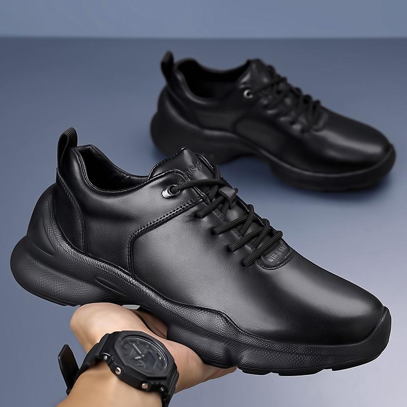 New winter leather sneakers business casual leather shoes all black official shoes light commute