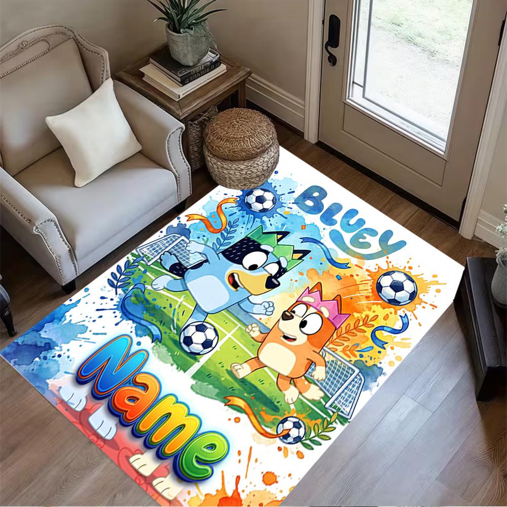 Soccer Fun Bluey Customizable Name Floor Rug Office Rug Perfect for Entryway Game Room Decorate Room Kitchen Antislip Carpet Anime Office Decor