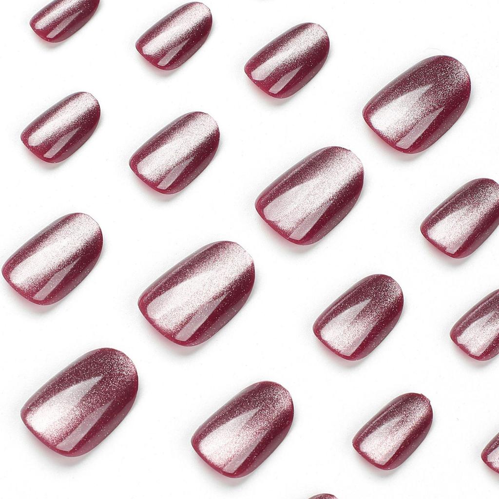 Removable Wearable Purple Cat Eye Short Gem False Nails