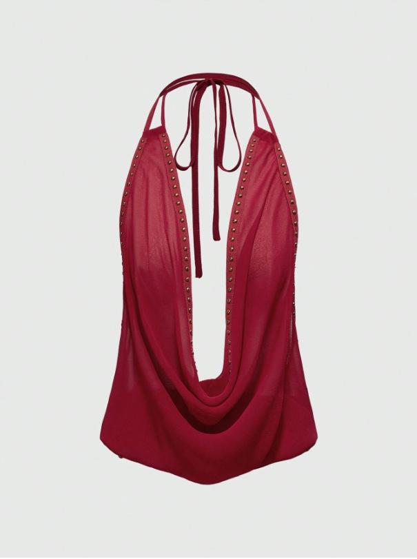 European and American Sleeveless Neck Hanging Personality Sexy Casual Deep V Backless Slim Slim Top Rivet Design Vest