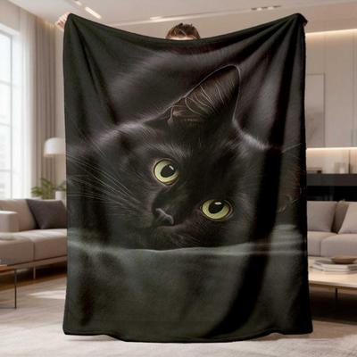 2026 New Flannel Blanket Featuring a Black Cat Design, 1pc, Soft And Cozy for All Seasons, Perfect for Home, Camping, And Travel. an Ideal Luxury Gift