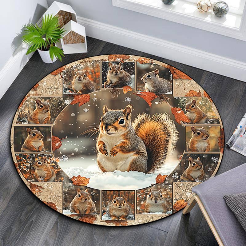Squirrel Round Area Rug,Carpet Rug for Living Room Bedroom Sofa Playroom Decor,Non-slip Floor Mat