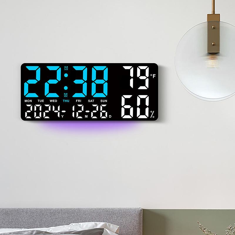 Large Digital Wall Clock with Atmosphere Lights Remote Control Temp Humidity Display LED Table Clock Multifunctional Alarm Clock