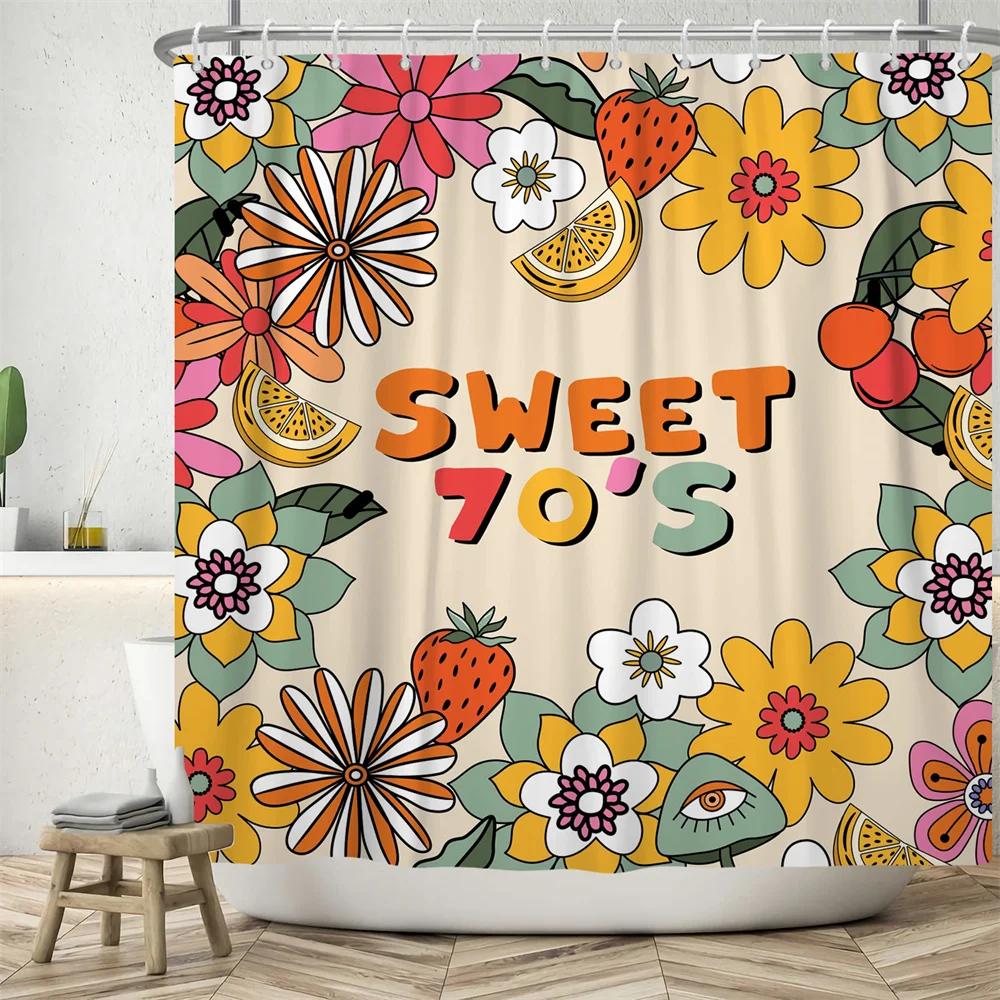 70's Colorful Flowers Shower Curtain Rainbow Mushroom Printing Bathroom Curtains Polyester Waterproof Bathtub Screen with Hooks