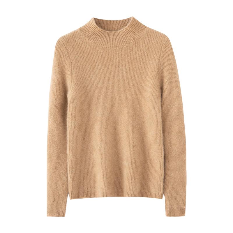 Women's Cashmere Solid Color Half-High Neck Sweater – Thick Knit, Slim Fit, Versatile Autumn/Winter Base Layer Top