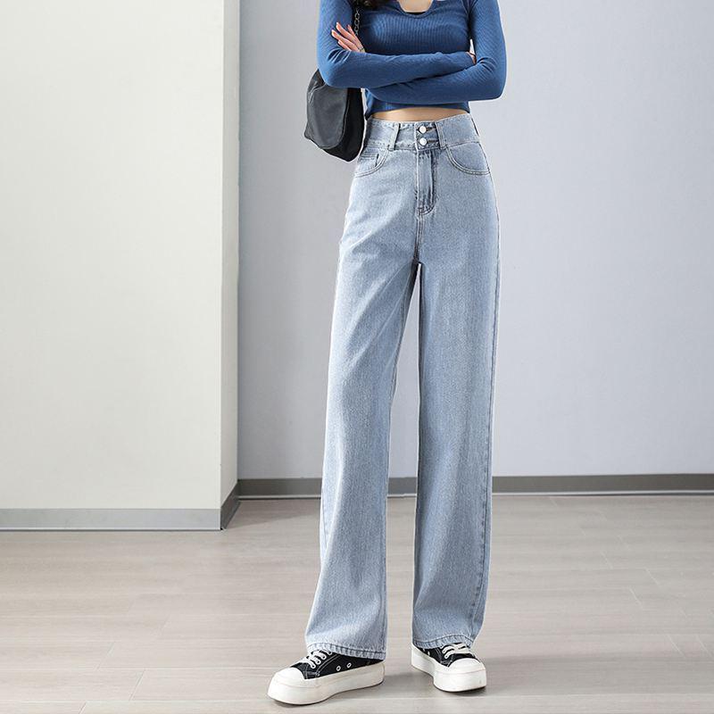 Light Blue High Waist Straight Leg Jeans for Women - Spring/Autumn 2026, Floor-Length, Slimming & Loose Fit, Petite Wide Leg Style.