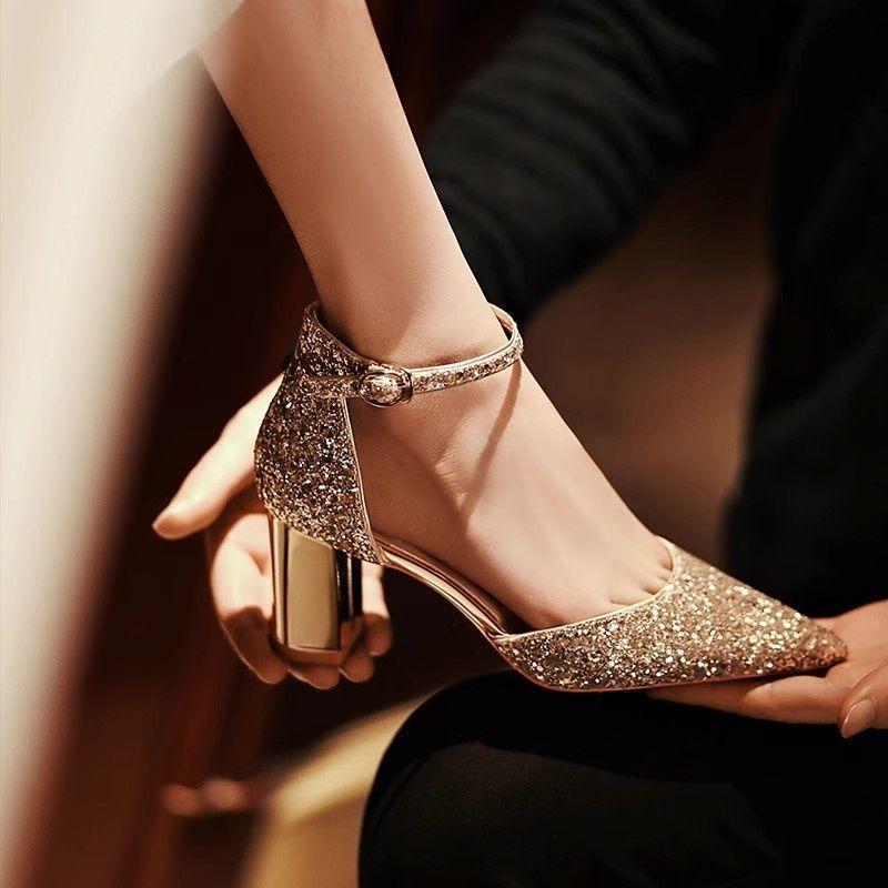 Sequins hollow word with dress elegant single shoes 2025 spring and summer new high heels women's thick heel temperament single shoes