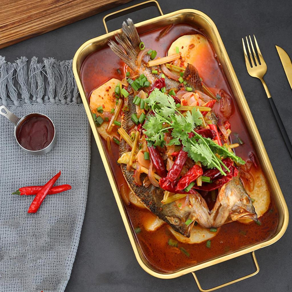 Fish Deep Baking Tray, Pan Roasting with Handles, Rectangle Seafood Plate for Meat