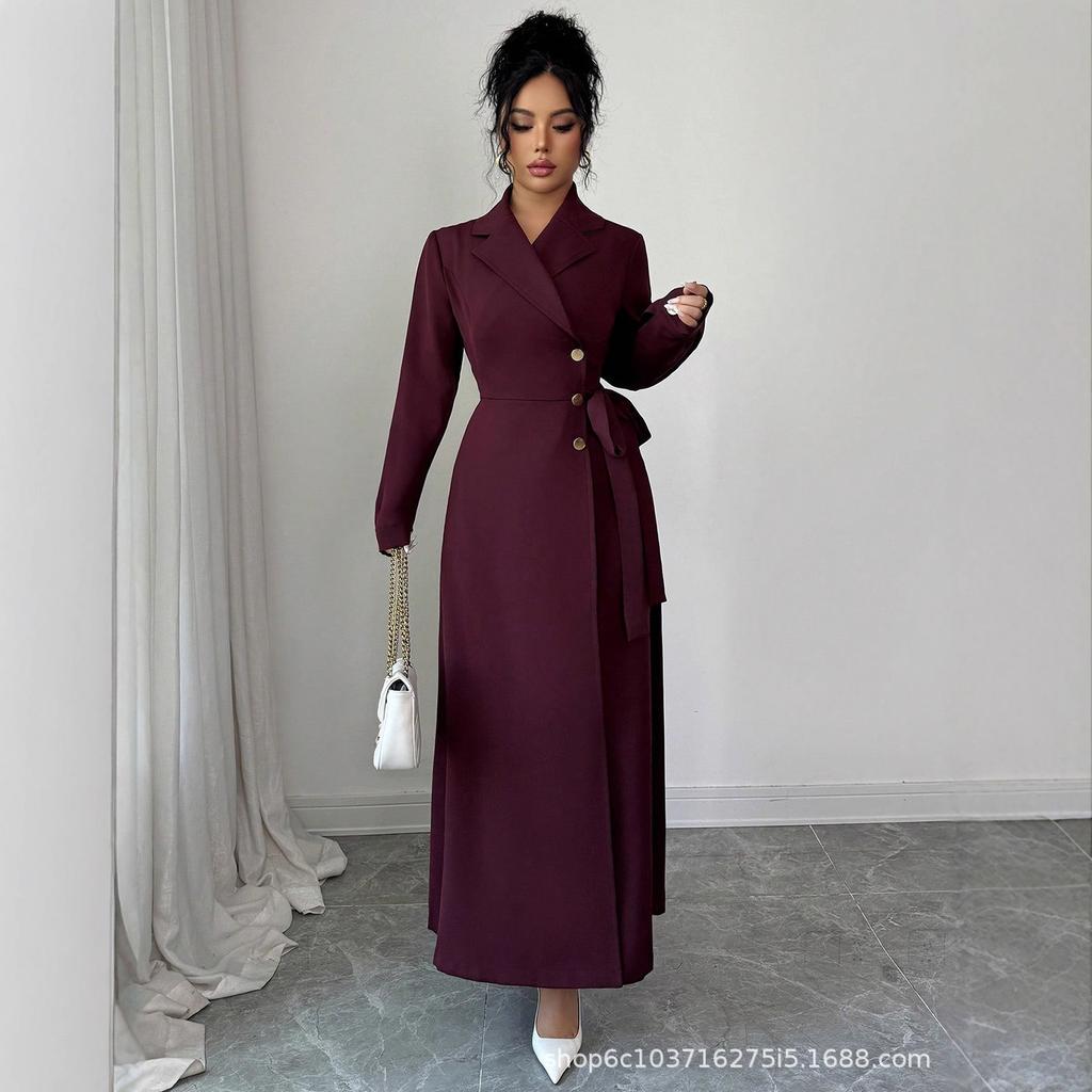 Women Blazer Midi Dress Long Sleeve Lapel Collar Double Breasted Belted Waist Elegant Office Business Dress Solid Color
