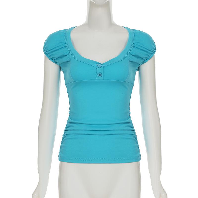 Europäischer & Amerikanischer Stil Schlank geschnittenes T-Shirt mit Puffärmeln und Knöpfen - Süßes, Würziges, Sexy Sommer Top