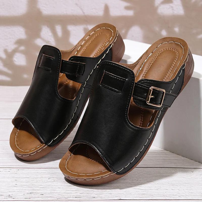 

Fashion 2025 Lightweight Platform Sandals Woman Plus Size Peep Toe Wedge Slippers Women Summer Buckle Strap Non Slip Casual Sandles 43 36 чёрный