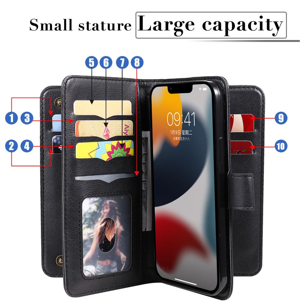 For iPhone 15 14 13 12 11 Pro Max Wallet Case[10 Card Slots]:Multi-Function,Flip Strap Zipper Card Holder Phone Case