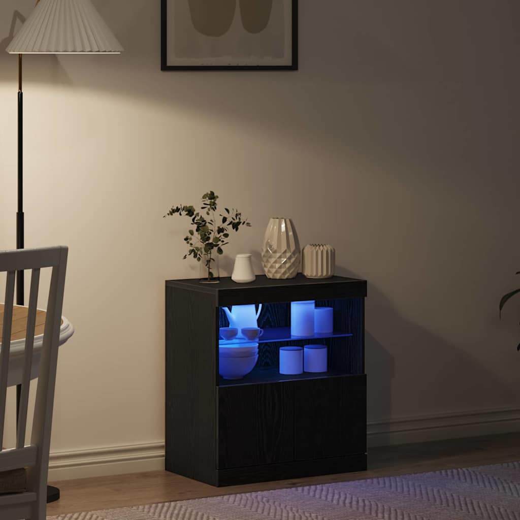 Schwarzer Eichen-Beistellschrank mit LED-Licht, Sofabeistelltisch, Aufbewahrungs-Unterschrank, 60x37x67 cm