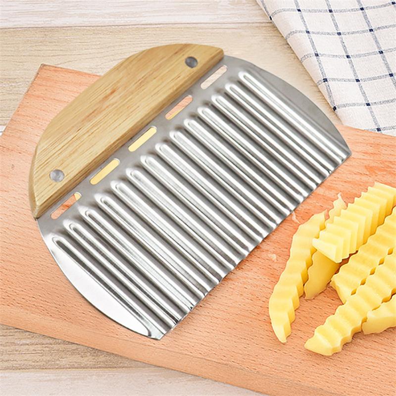 

Stainless Steel Potato Slicer Wavy Potato Cutting Tool Wooden Handle Serrator Chopping Tools Large Crinkle Potato Slicer Chopper