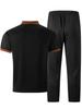 Men's Plaid Color Block Stand Collar Suit - Short Sleeve Shirt and Long Pants Set