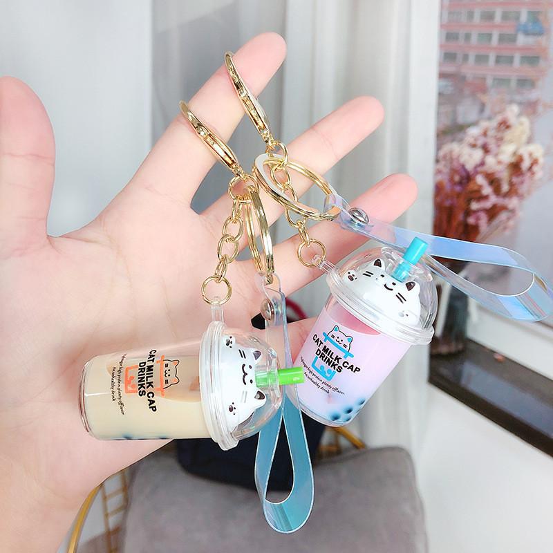 Adorable Cartoon Cat Milk Tea Keychain Cute Acrylic Keyring For Couples And Friends