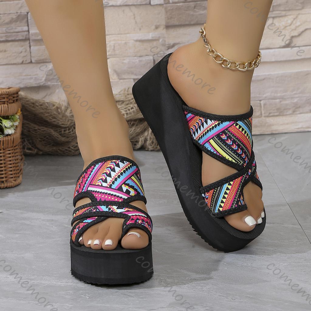 Fashion Comemore Summer Wedges High Heels Ladies Slippers Casual Mixed Color Roman Style Clip Toe Slipper Soft Bottom Beach Flip Flops