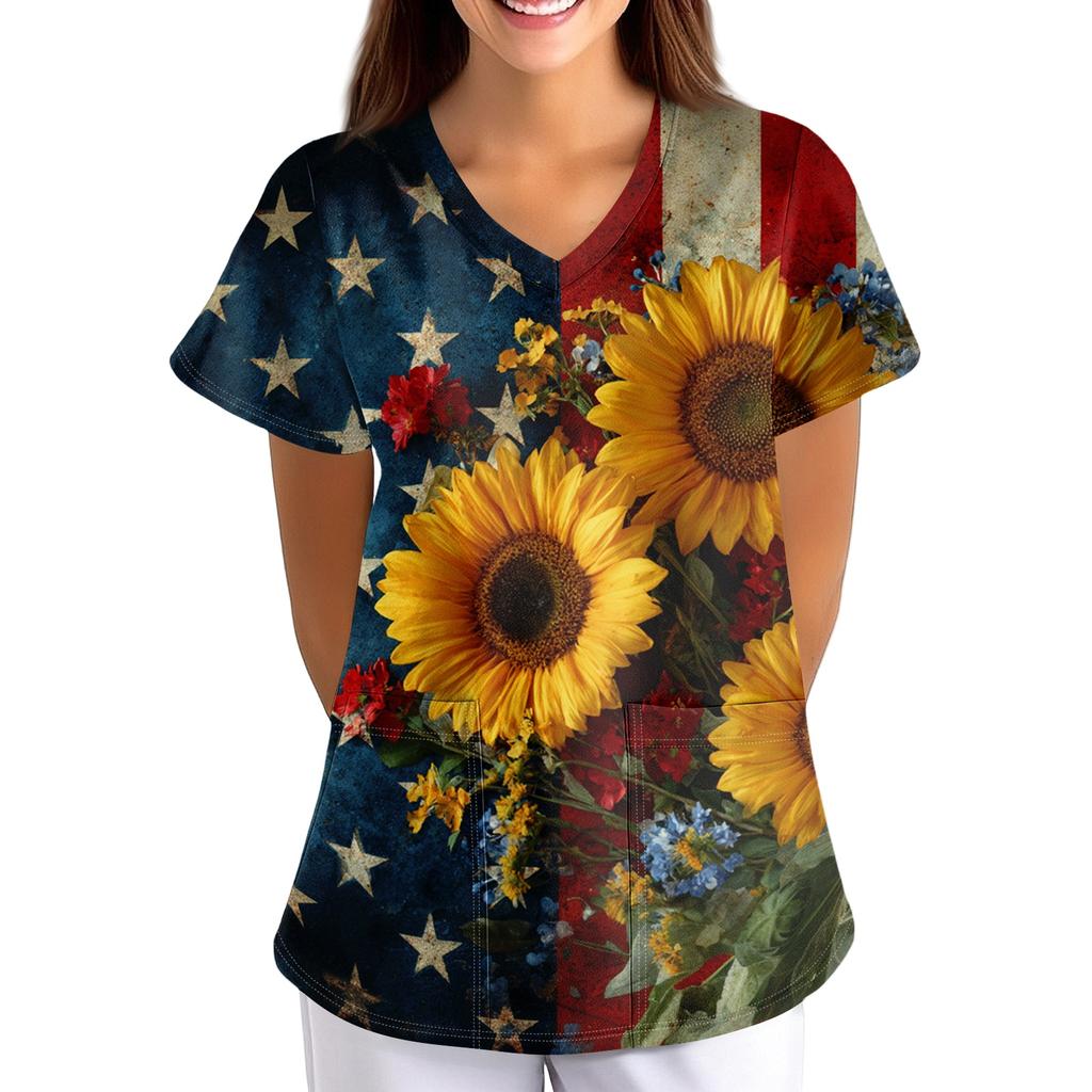 Women's Patriotic Print V-Neck Short Sleeve Scrub Top with Pockets Loose Fit